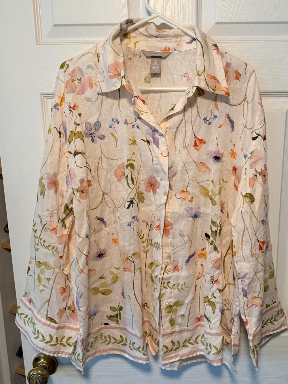 H&M Cream Button-Down Shirt with Pastel Floral Print, 100% Linen